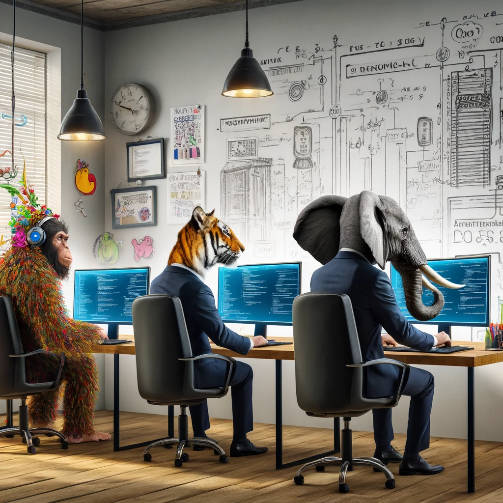 A creative office scene showing three developers represented as animals, each facing their computer screens.