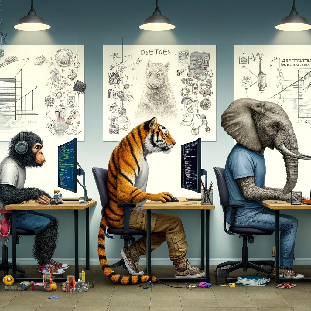 A creative office scene showing three developers represented as animals, with t-shirs and cargo pants.